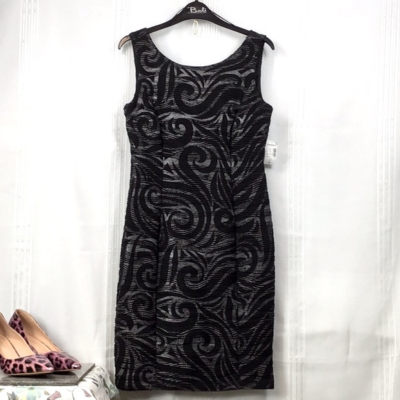 🖤Dressbarn Collection Black Silver Swirl Stretch Sleeveless Lined Knee Length - Picture 1 of 9